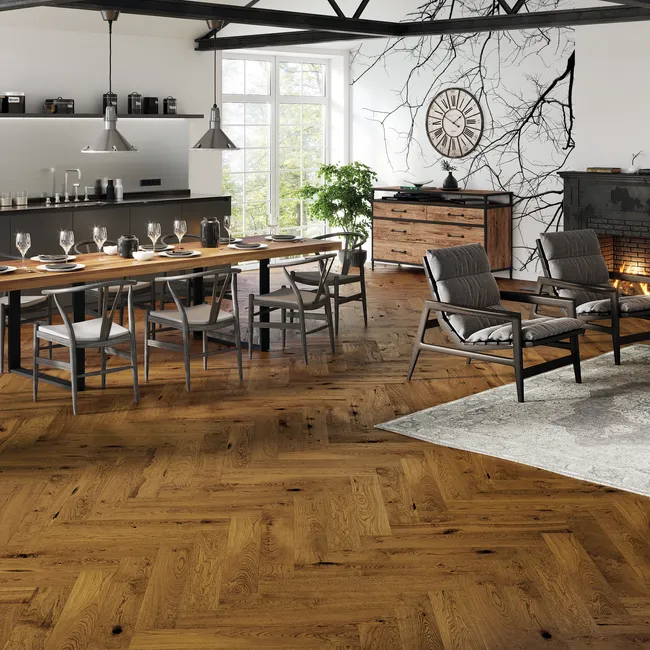 Podłoga drewniana deska trójwarstwowa jodełka klasyczna dąb 1-lamelowa lakier cognac 14 mm Barlinek