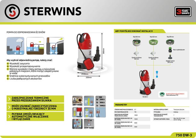 Pompa odwadniająca do wody brudnej Sterwins 13500l/h 750W
