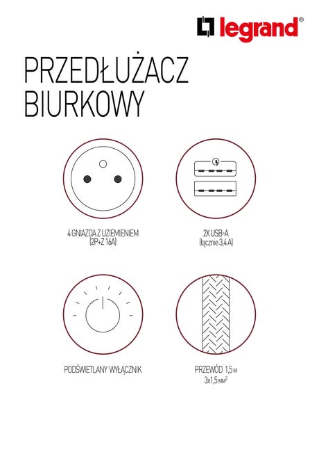 Przedłużacz biurkowy z 4 gniazdami z uzemieniem plus 2xUSB 1.5 m czarny LEGRAND
