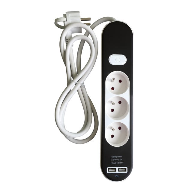 Przedłużacz z 3 gniazdami z uziemieniem i wyłącznikiem 2xUSB 1.5 m czarno-biały LEXMAN