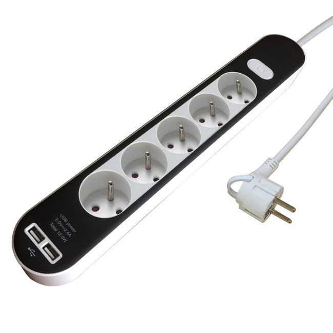 Przedłużacz z 5 gniazdami z uziemieniem z wyłącznikiem 2xUSB 1.5 m biało-czarny LEXMAN