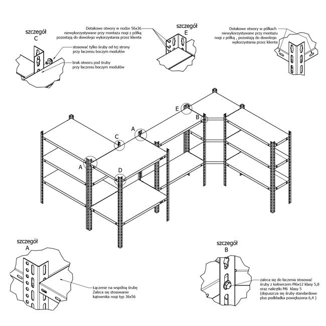 Półka narożna do systemu regałowego 30 x 30/45 cm Metalkas