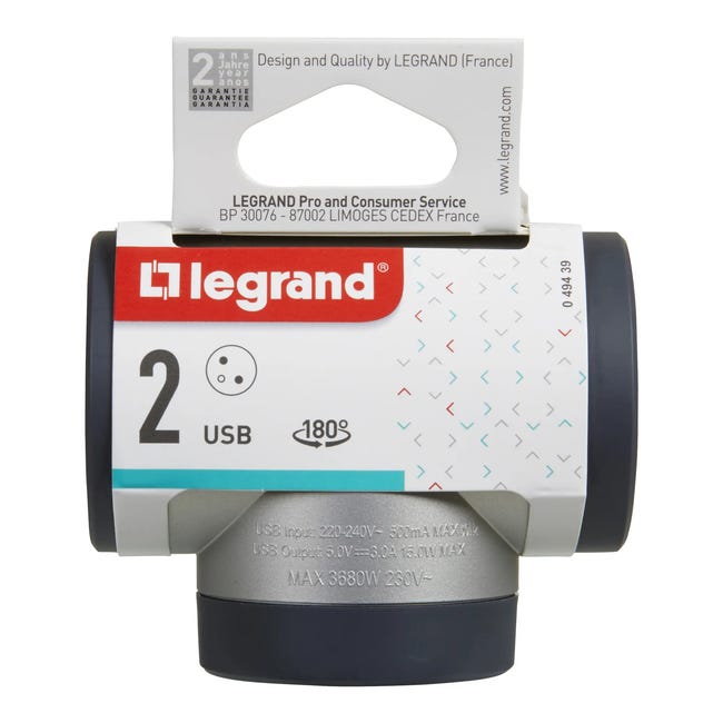 Rozgałęziacz potrójny obrotowy 2X2P+Z+USB aluminium LEGRAND