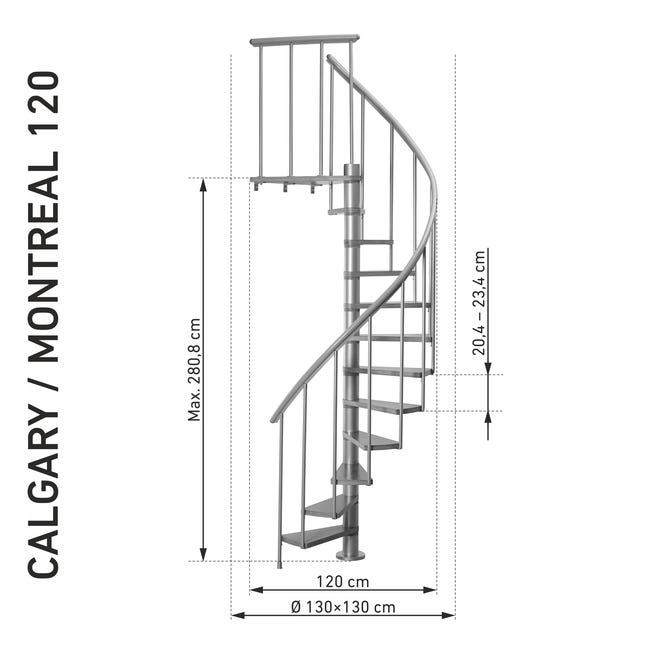 Schody spiralne białe Calgary z dodatkowymi tralkami średnica 120 cm stopnie szerokość 62.7 cm Buk 11 sztuk Dolle