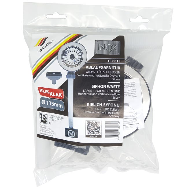 Spust 90 mm KLIK-KLAK z przelewem GL0015 chrom GERMANLINE
