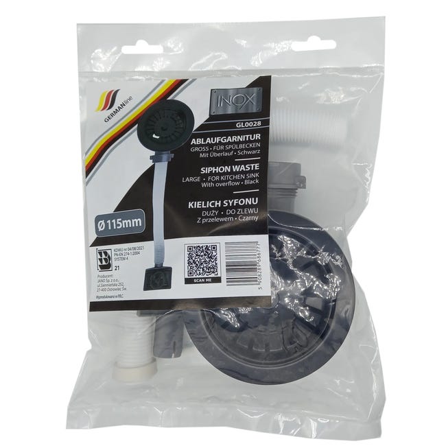 Spust 90 mm z przelewem GL0028 czarny GERMANLINE