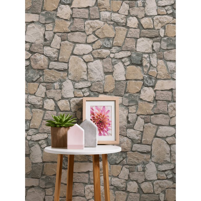 Tapeta 3D Kamienie kremowo-szara imitacja kamienia papierowa