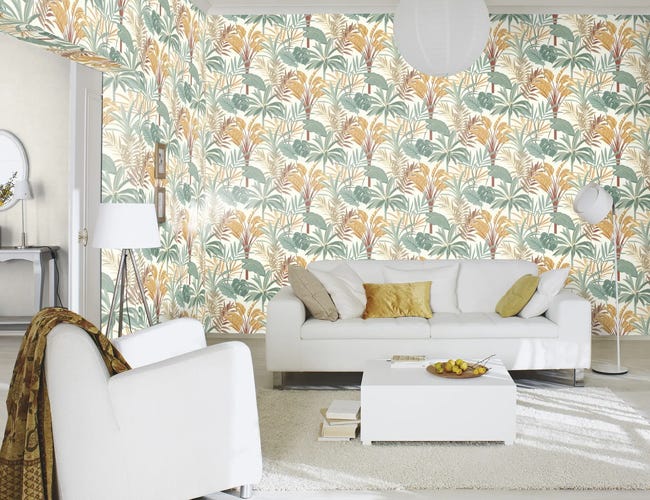 Tapeta botaniczna beżowo-zielona winylowa na flizelinie