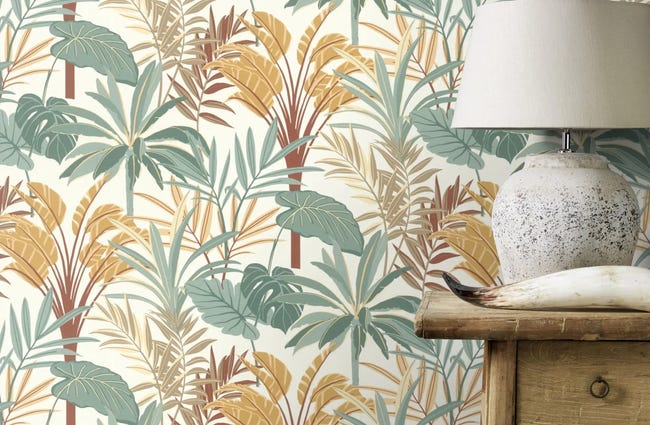 Tapeta botaniczna beżowo-zielona winylowa na flizelinie