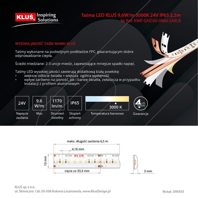 Taśma LED 24 W 2925 lm Ciepła biel IP65 2,5 m Kluś