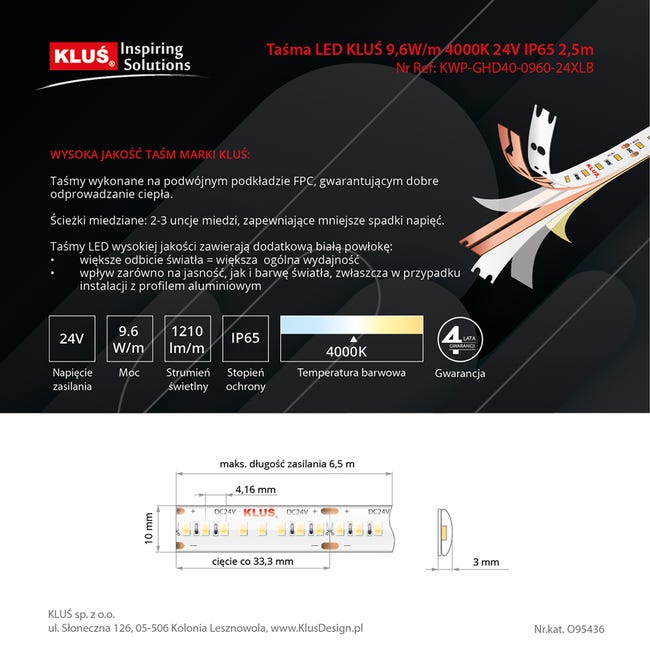 Taśma LED 24 W 3025 lm Neutralna biel IP65 2,5 m Kluś