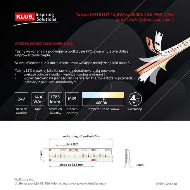 Taśma LED 36 W 4462 lm Neutralna biel IP65 2,5 m Kluś