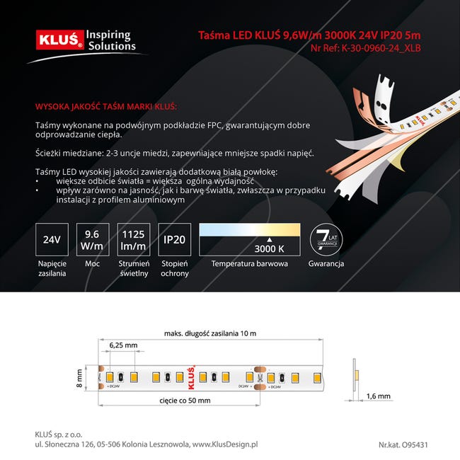 Taśma LED 48 W 5625 lm Ciepła biel IP20 5 m Kluś
