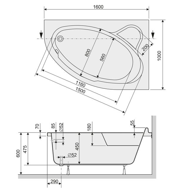 Wanna asymetryczna prawa Bellano 160 x 100 Sanplast