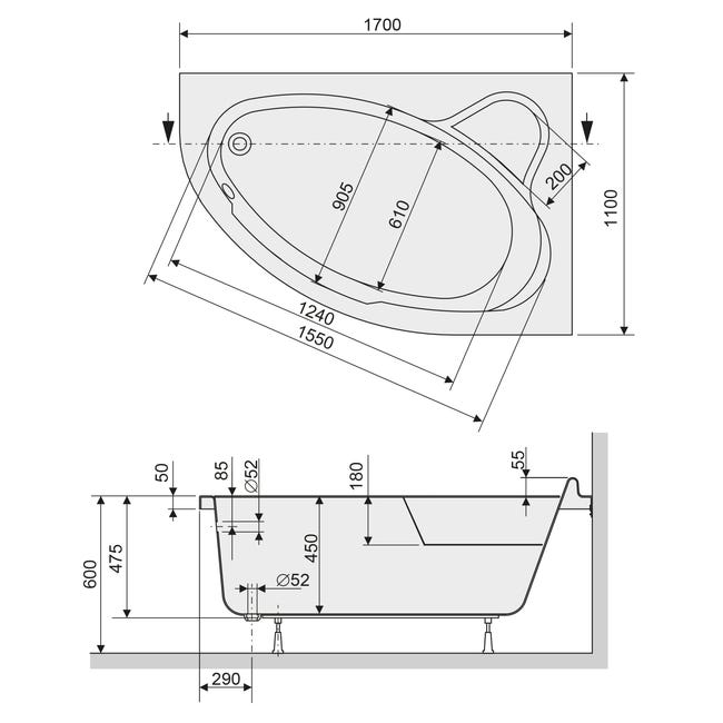 Wanna asymetryczna prawa Bellano 170 X 110 Sanplast