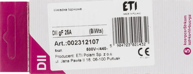 Wkładka topikowa D II GF 25 A 500V/440V 5szt. ETI