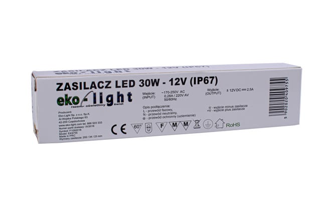 Zasilacz do taśmy LED 12 V 30 W IP67 EKO-LIGHT
