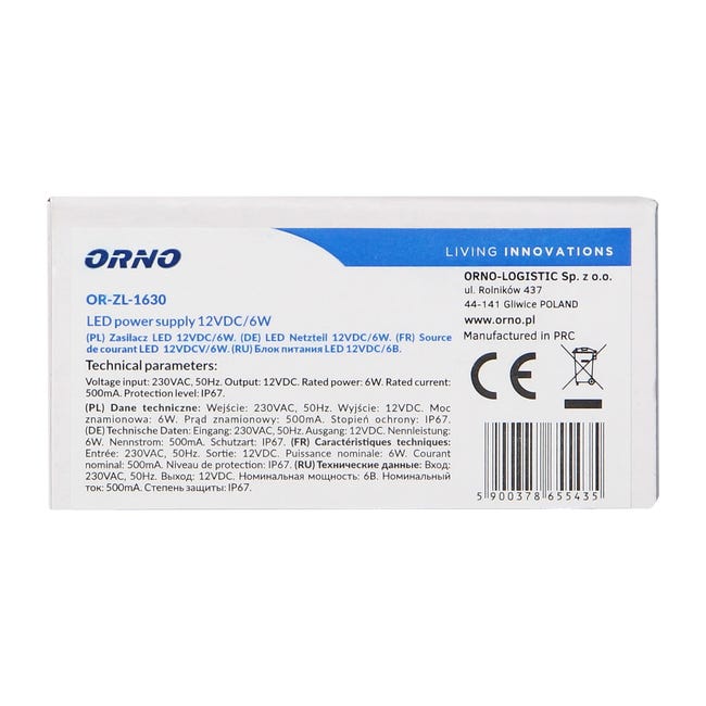 Zasilacz elektroniczny do LED 12VDC 6W IP67 ORNO