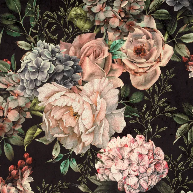 Zasłona Rubens kwiaty czarno-różowa 140 x 270 cm na taśmie