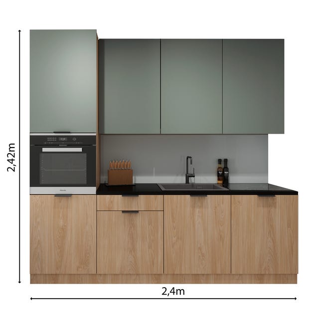 Zestaw mebli kuchennych Acari Long 9 el. 240 cm kolor zielony/dąb