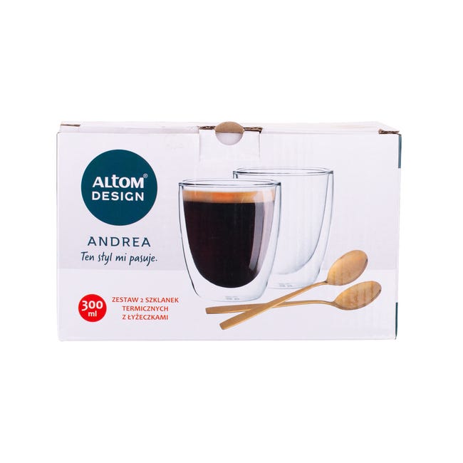 Zestaw szklanek termicznych Andrea 300 ml + złote łyżeczki 2 szt. Altom Design