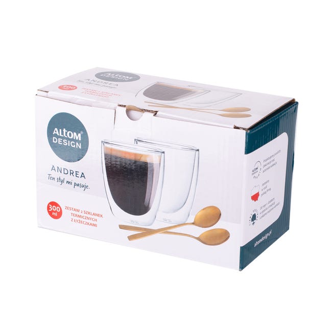 Zestaw szklanek termicznych Andrea 300 ml + złote łyżeczki 2 szt. Altom Design