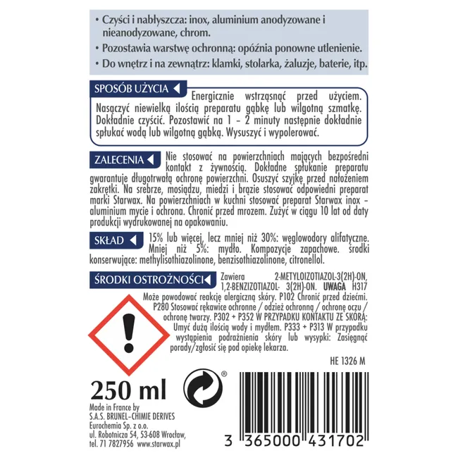 Środek czyszczący i nabłyszczający METALE aluminium - inoks & chrom 0.25 l STARWAX
