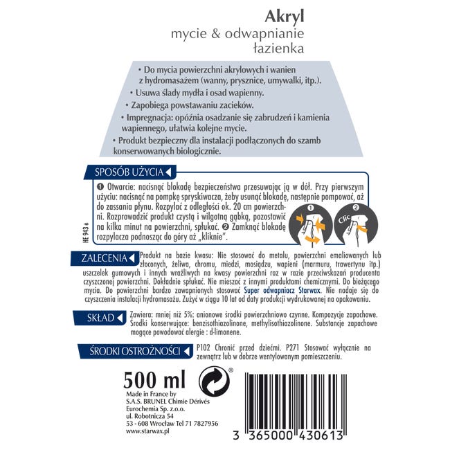 Środek do czyszczenia ŁAZIENKA akryl 0.5 l STARWAX