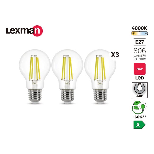 Żarówka LED E27 3szt. 3,8 W 806 lm Neutralna biel Lexman