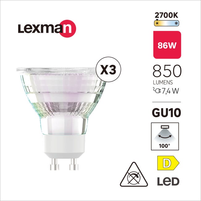 Żarówka LED GU10 3 szt. 7,4 W 850 lm Ciepła biel Lexman