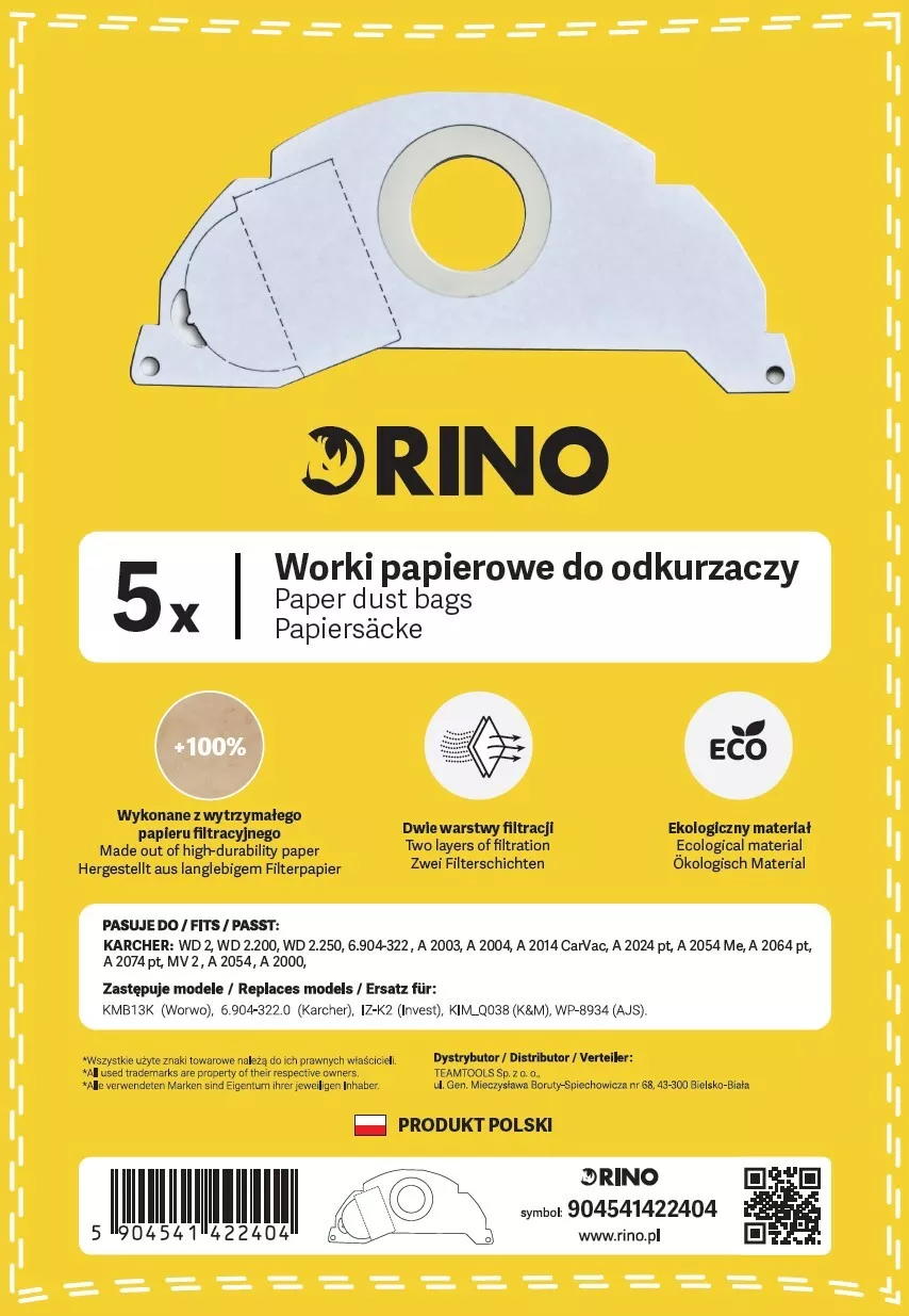 Worki papierowe Rino WPRD2 do odkurzaczy (5 sztuk) | 