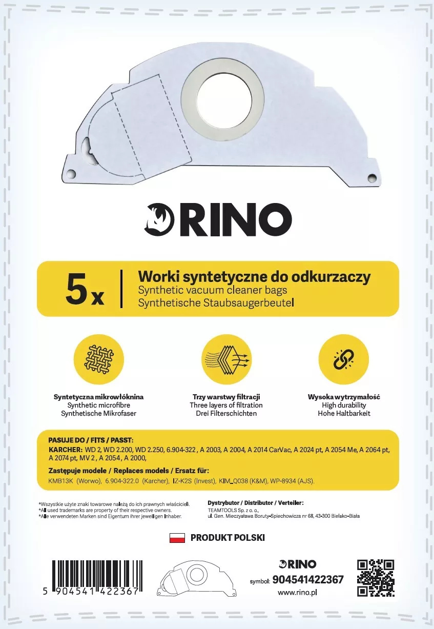 Worki syntetyczne Rino WSRD2 do odkurzaczy (25 sztuk) | 